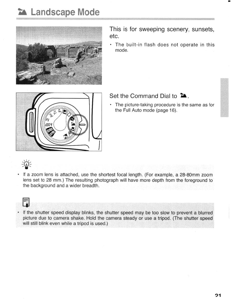 Landscape mode, Set the command dial to | Canon eos rebel g User Manual | Page 21 / 68
