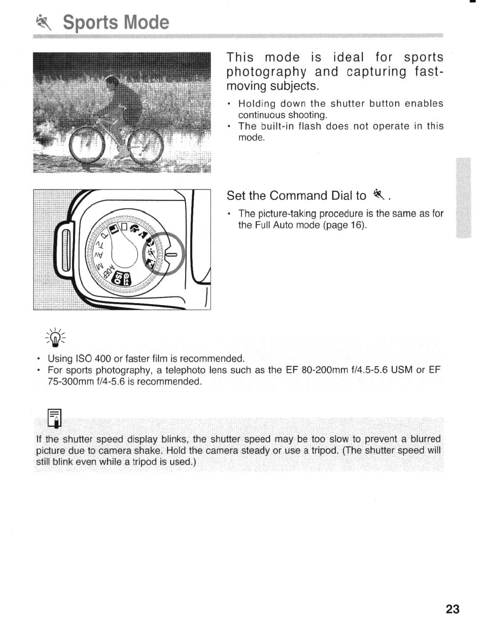 Sports mode, Set the command dial to | Canon eos rebel g User Manual | Page 23 / 68