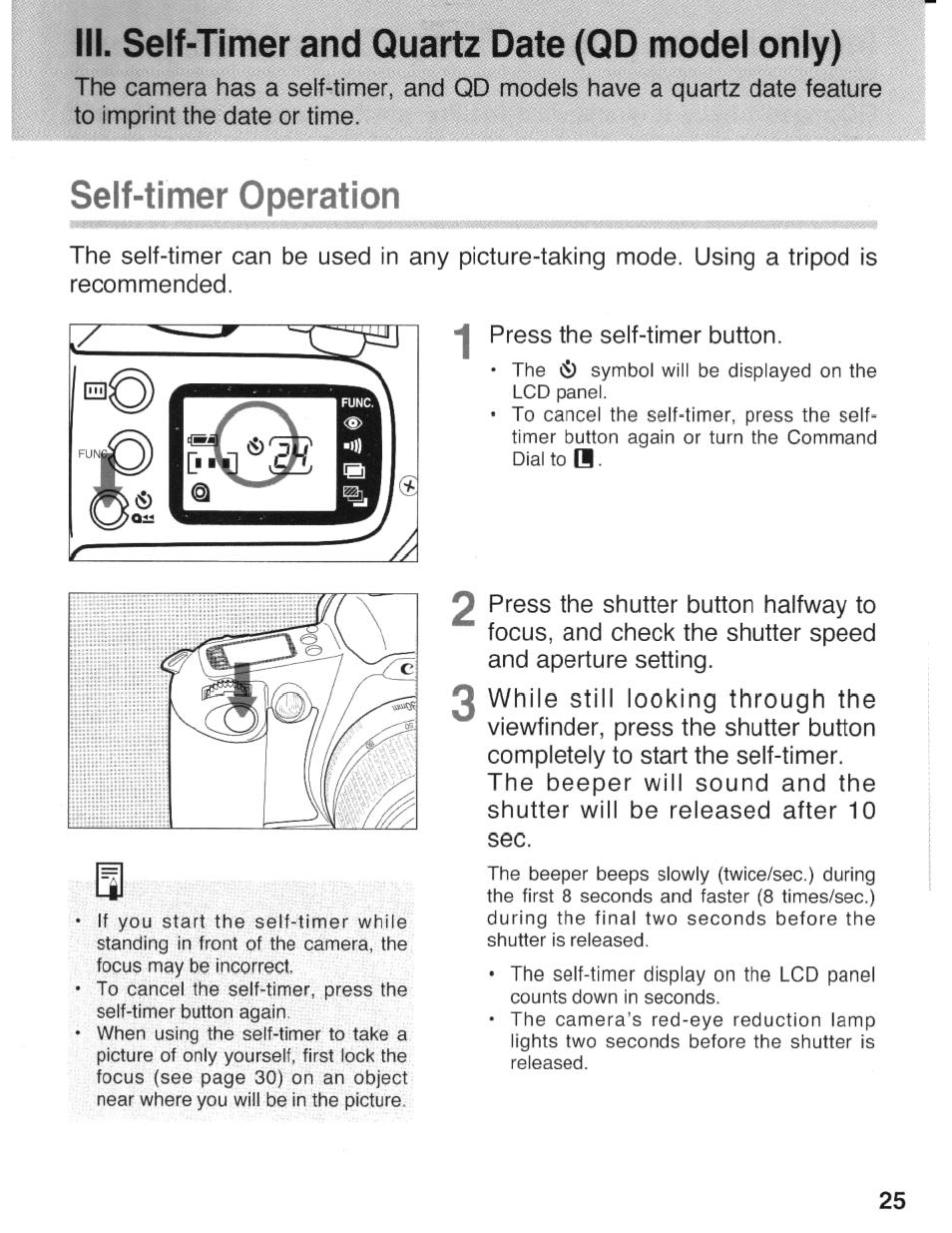 Iii. self-timer and quartz date (qd model only), Self-timer operation | Canon eos rebel g User Manual | Page 25 / 68