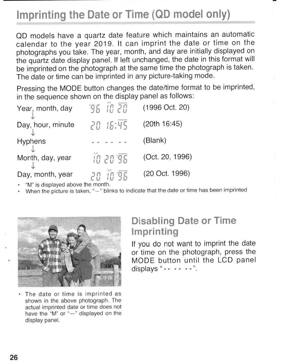 Imprinting the date or time (qd model only), Disabling date or time imprinting | Canon eos rebel g User Manual | Page 26 / 68