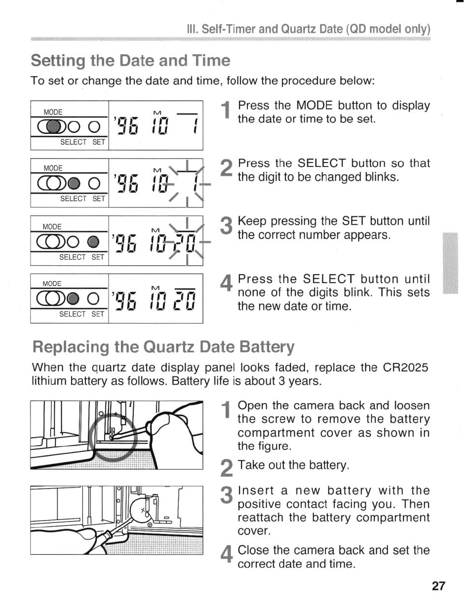 Setting the date and time, Replacing the quartz date battery, Oe>o o | Coo ® ’dc i, 0c in, Cd)® o | Canon eos rebel g User Manual | Page 27 / 68