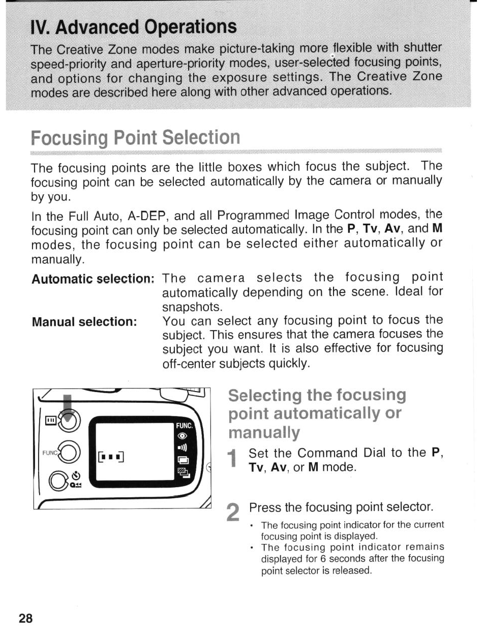 I iv. advanced operations, Focusing point selection | Canon eos rebel g User Manual | Page 28 / 68