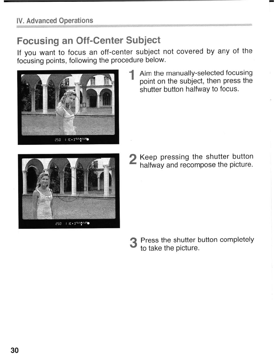 Focusing an off-center subject | Canon eos rebel g User Manual | Page 30 / 68