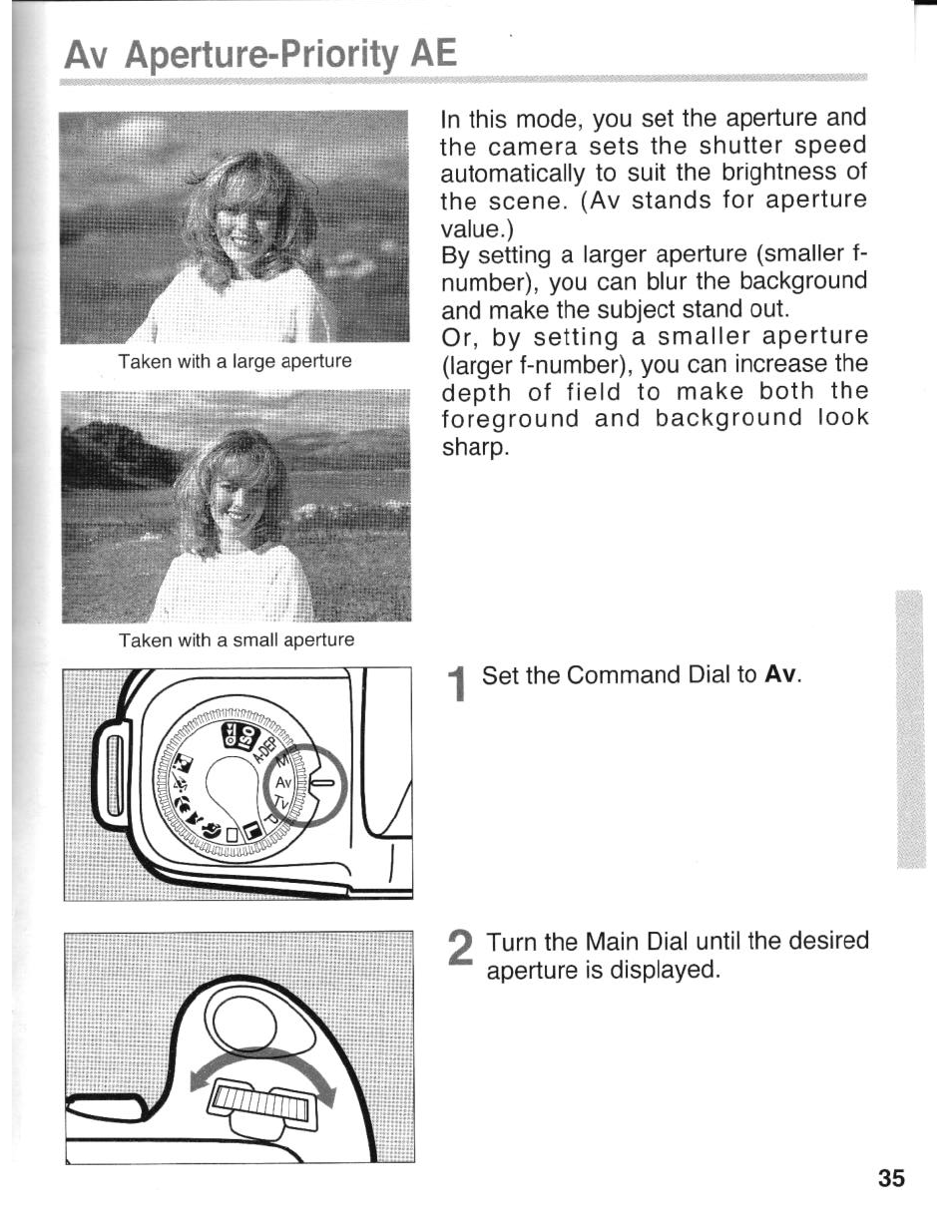 Av aperture-priority ae, Aperture-priority ae, Set the command dial to av | Canon eos rebel g User Manual | Page 35 / 68