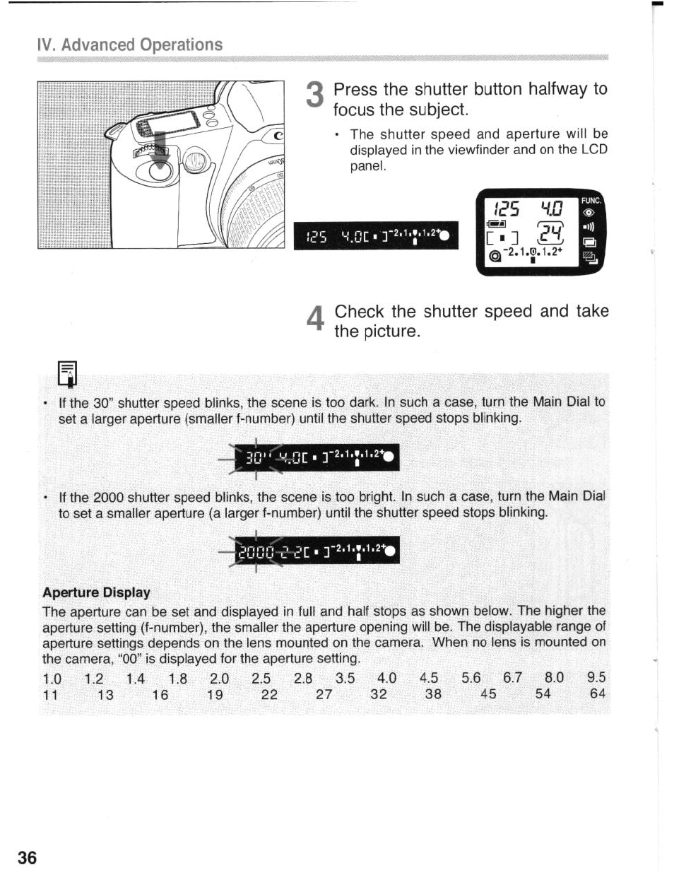 A check the shutter speed and take ** the picture, Iv. advanced operations, Check the shutter speed and take ** the picture | Canon eos rebel g User Manual | Page 36 / 68