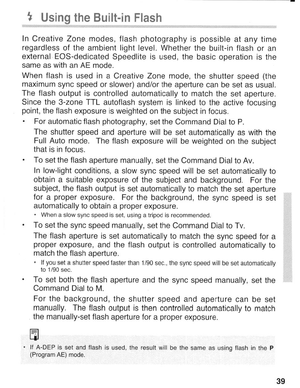 I using the built-in flash, Using the built-in flash | Canon eos rebel g User Manual | Page 39 / 68