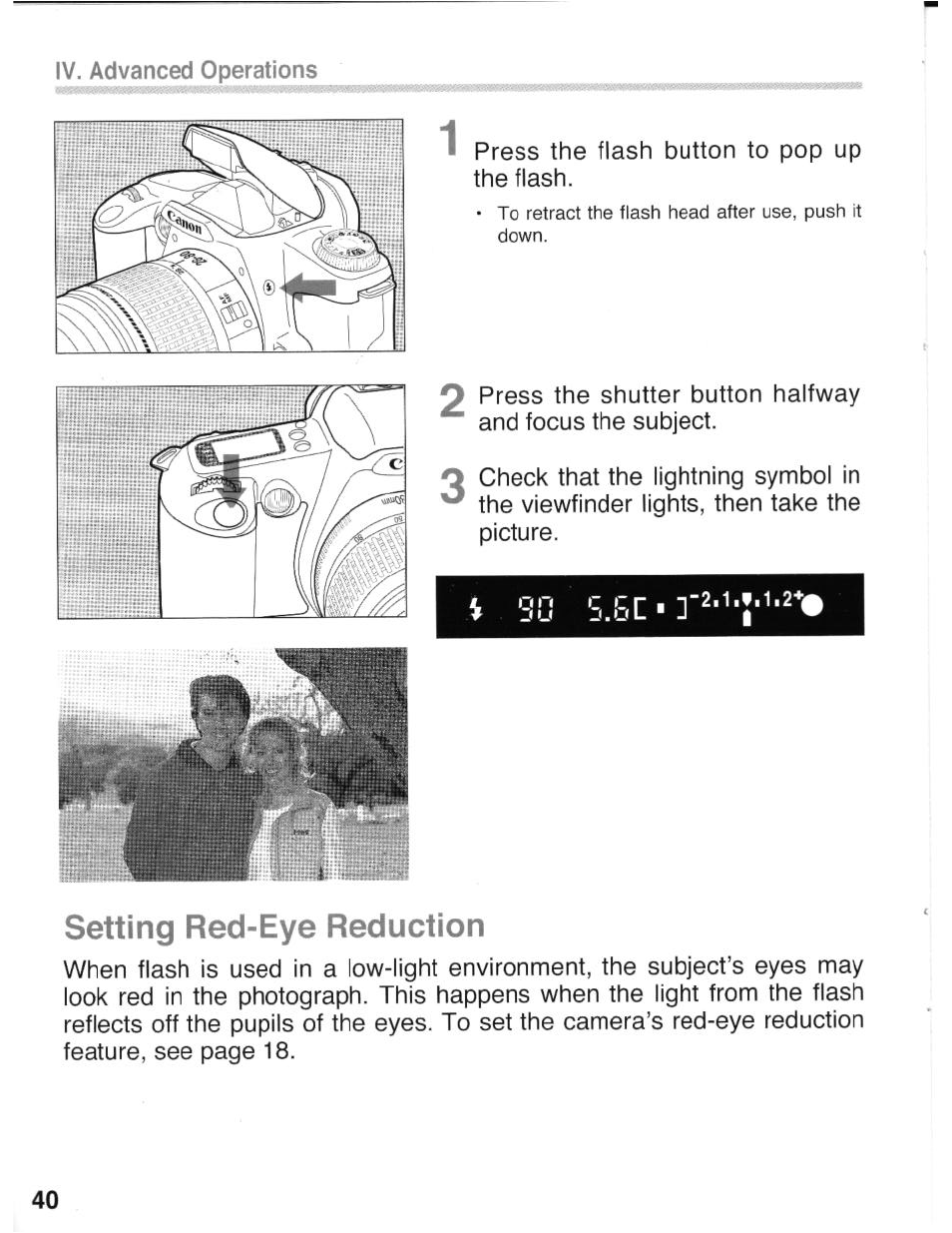 Setting red-eye reduction | Canon eos rebel g User Manual | Page 40 / 68