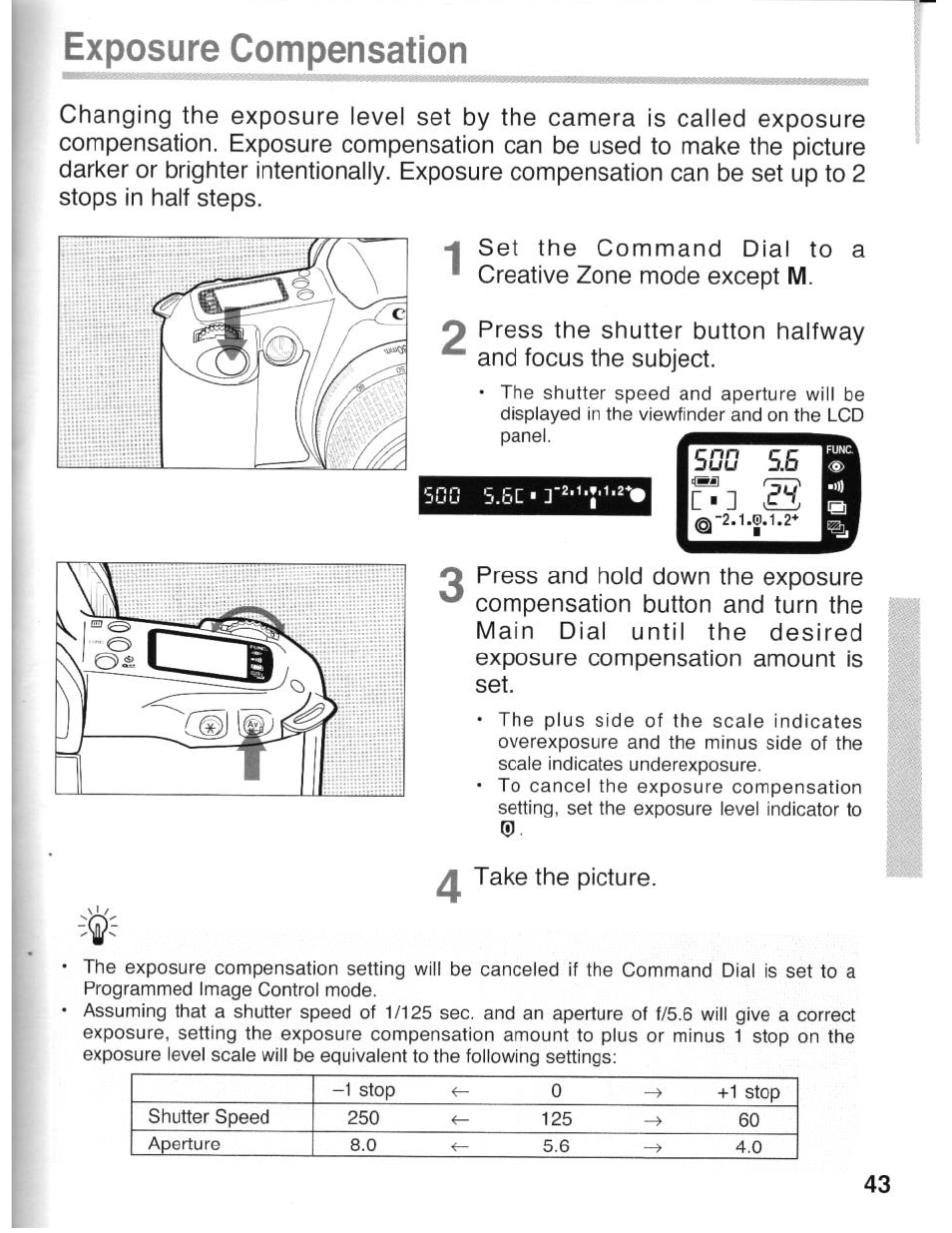 Exposure compensation | Canon eos rebel g User Manual | Page 43 / 68