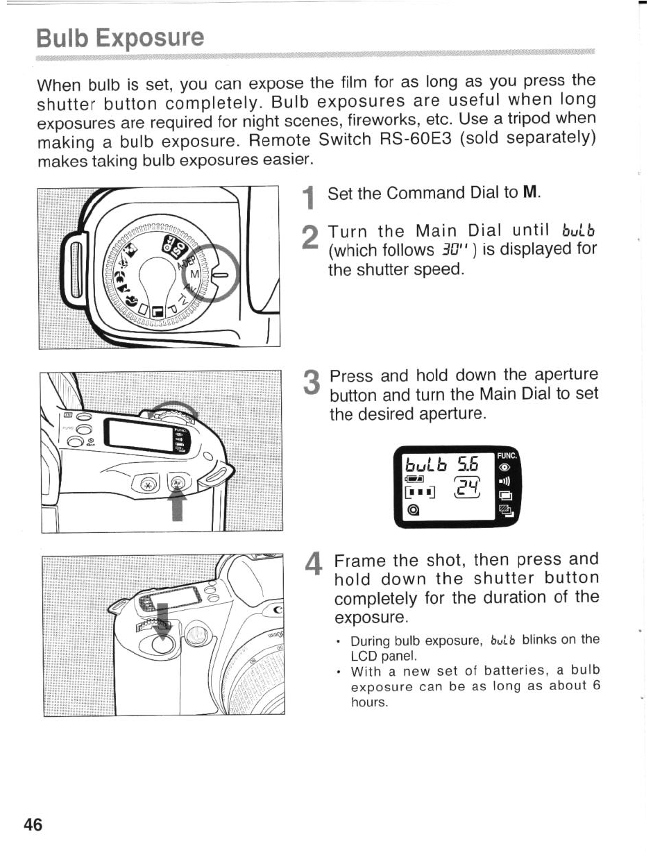 Bulb exposure | Canon eos rebel g User Manual | Page 46 / 68