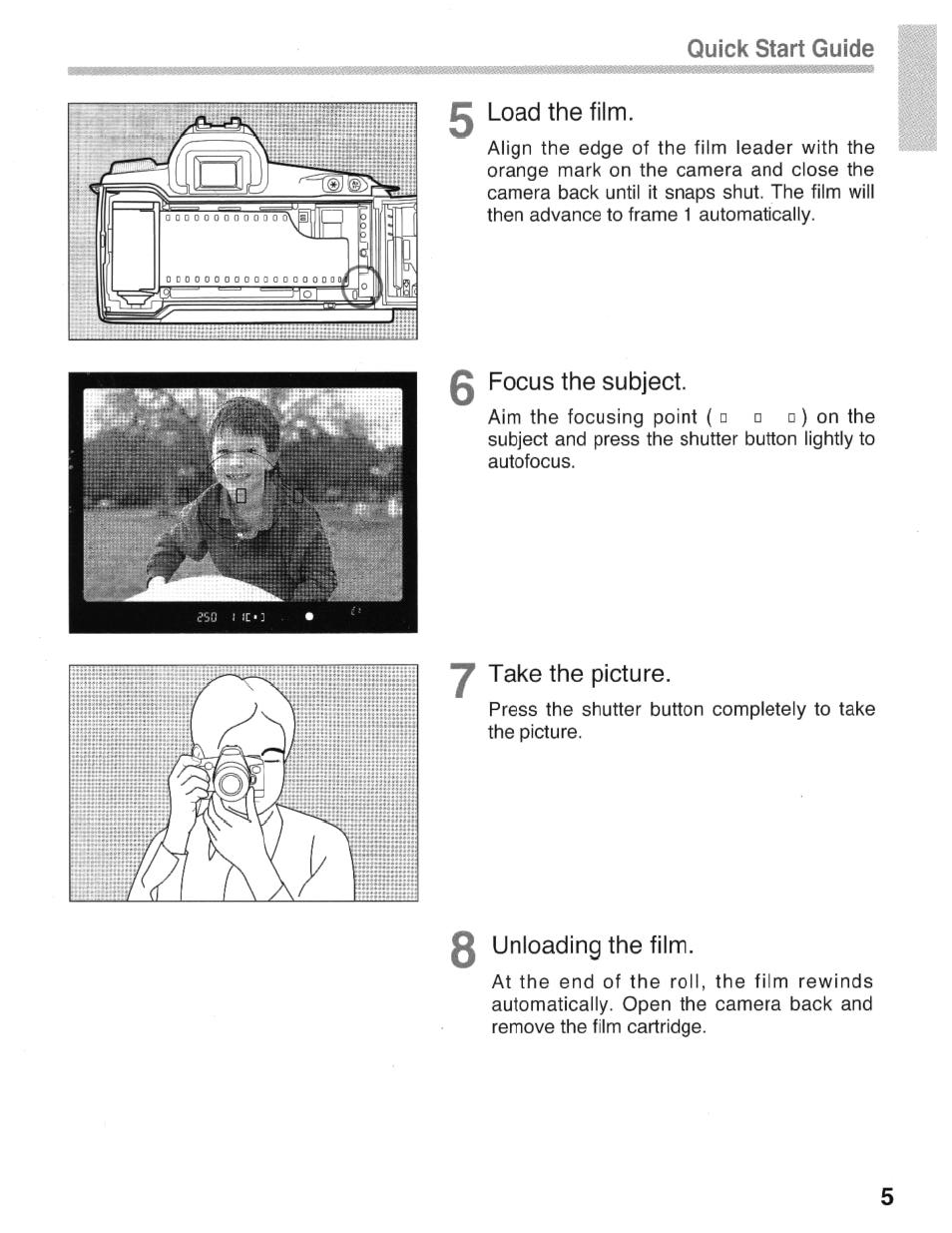 Quick start guide, 0 load the film, Focus the subject | Take the picture, 0 unloading the film | Canon eos rebel g User Manual | Page 5 / 68