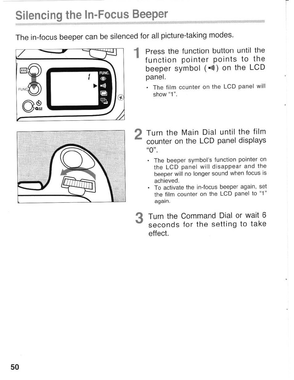 Silencing the in-focus beeper | Canon eos rebel g User Manual | Page 50 / 68