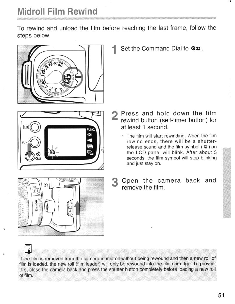 Midroli film rewind, Open the camera back remove the film | Canon eos rebel g User Manual | Page 51 / 68