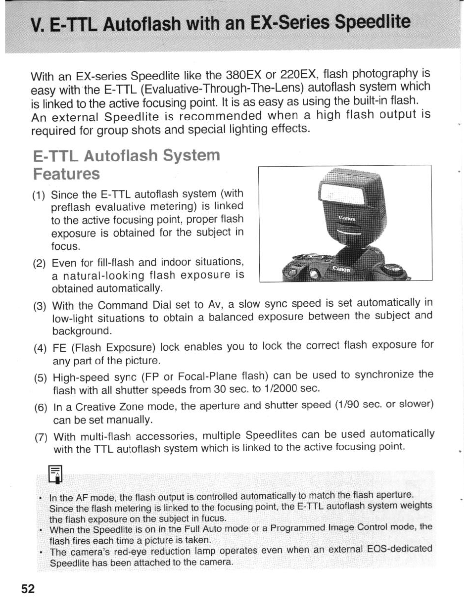 V. e-ttl autoflash with an ex-series speed!ite, E-ttl autoflash system features | Canon eos rebel g User Manual | Page 52 / 68