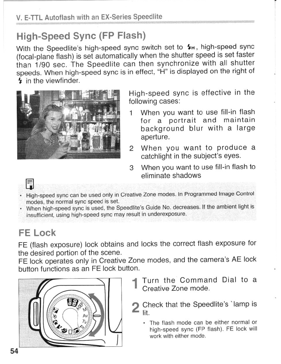 High-speed sync (fp flash), Fe lock | Canon eos rebel g User Manual | Page 54 / 68