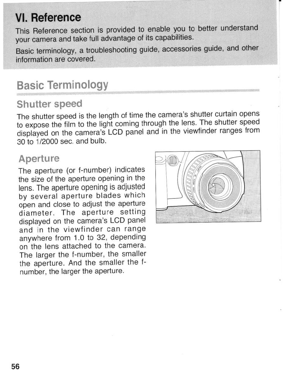 Vi. reference, Basic terminology, Shutter speed | Aperture | Canon eos rebel g User Manual | Page 56 / 68