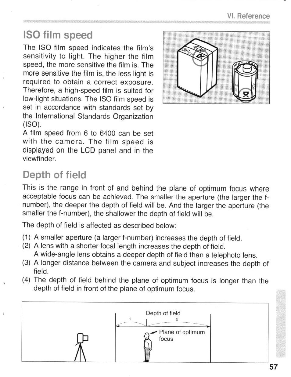 Iso film speed, Depth of field | Canon eos rebel g User Manual | Page 57 / 68