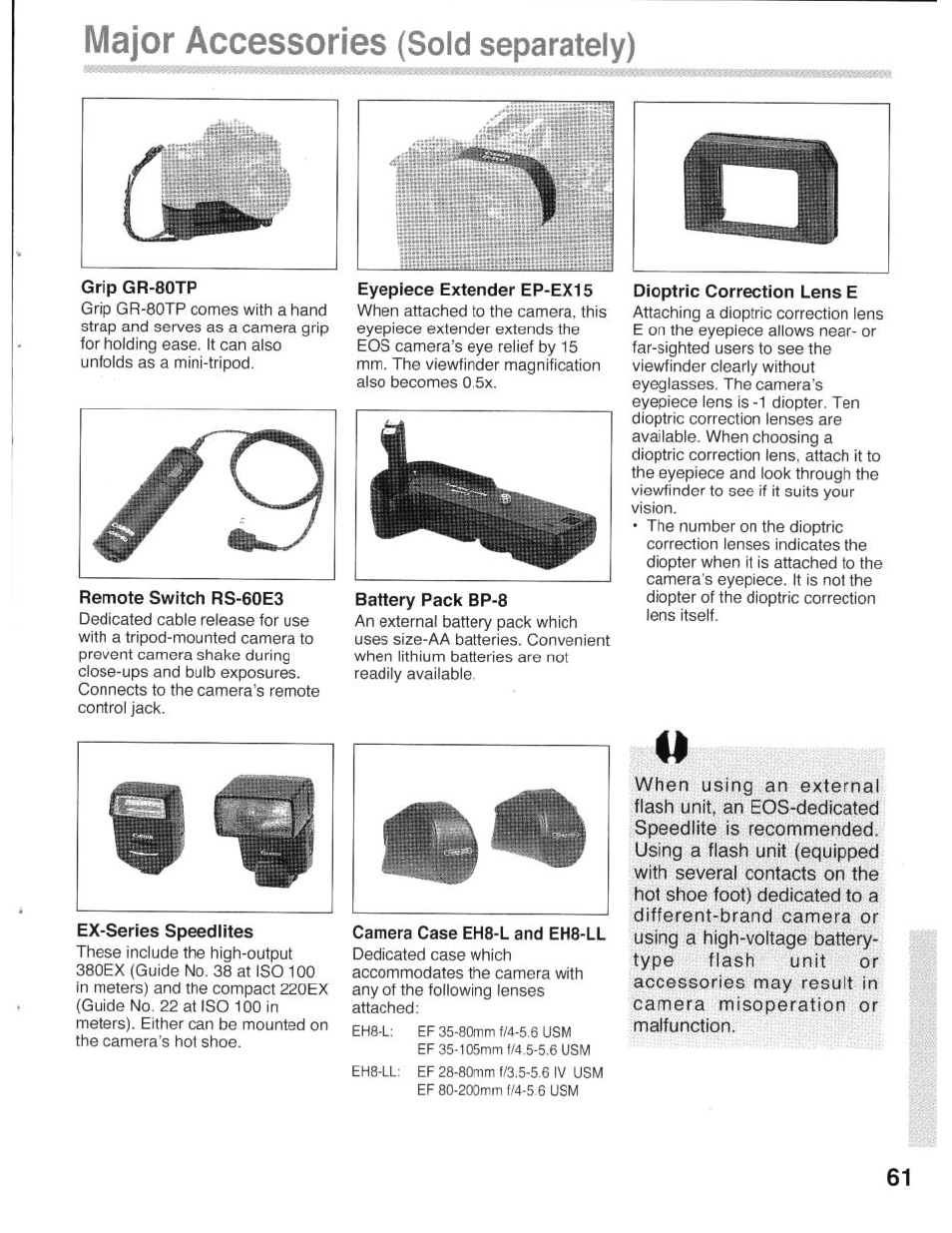 Major accessories (sold separately), Major accessories, Sold separately) | Canon eos rebel g User Manual | Page 61 / 68