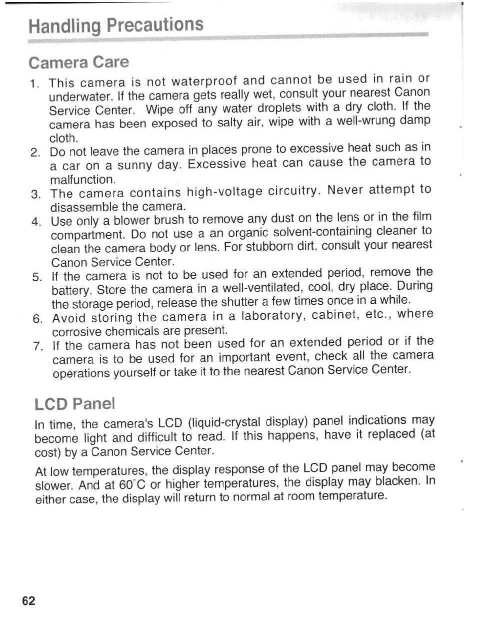 Handling precautions, Camera care, Lcd panel | Canon eos rebel g User Manual | Page 62 / 68