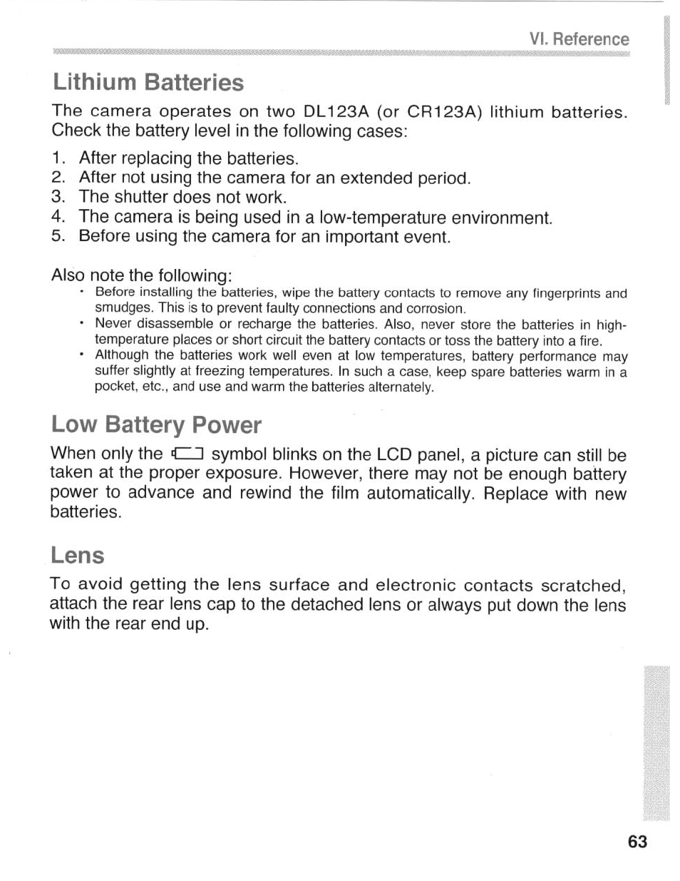 Lithium batteries, Low battery power, Lens | Canon eos rebel g User Manual | Page 63 / 68