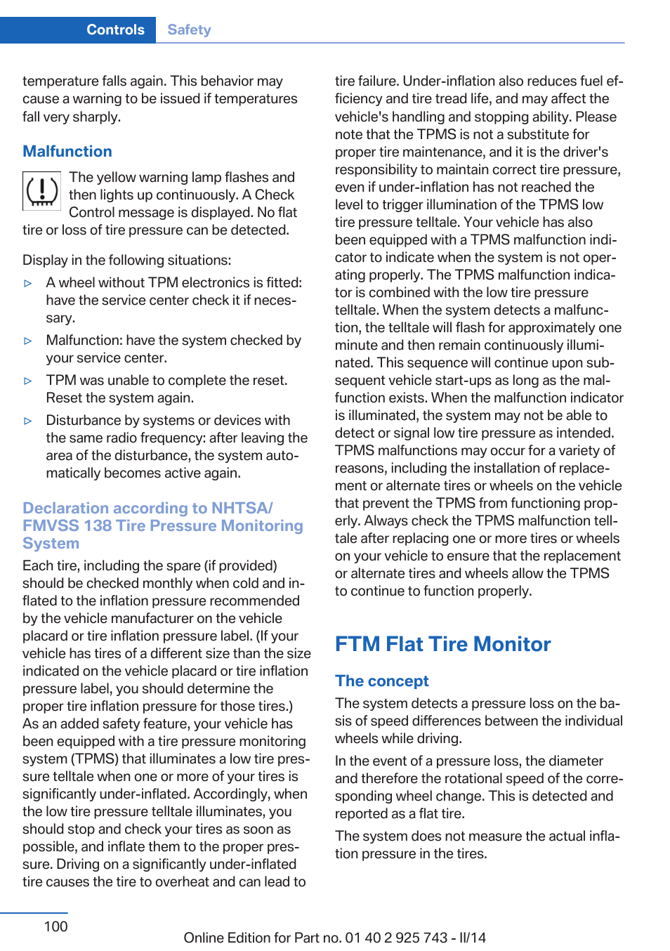 Ftm flat tire monitor | BMW 335i xDrive Sedan 2014 User Manual | Page 100 / 242