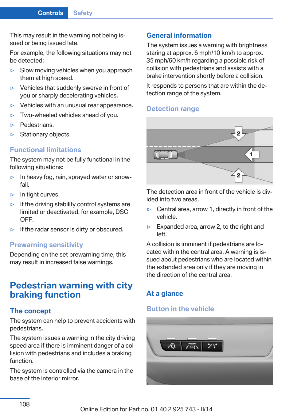 Pedestrian warning with city braking function | BMW 335i xDrive Sedan 2014 User Manual | Page 108 / 242