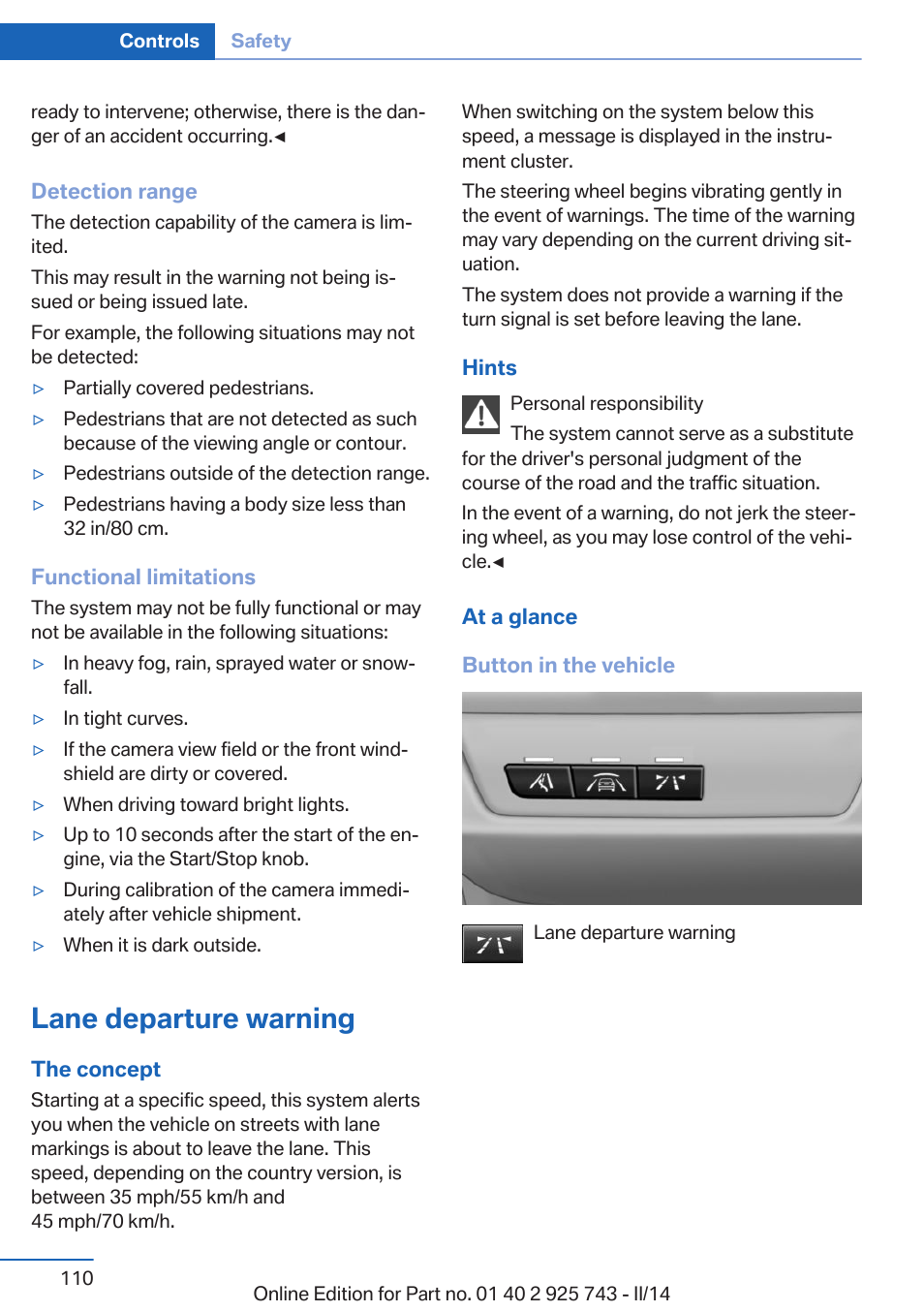 Lane departure warning | BMW 335i xDrive Sedan 2014 User Manual | Page 110 / 242