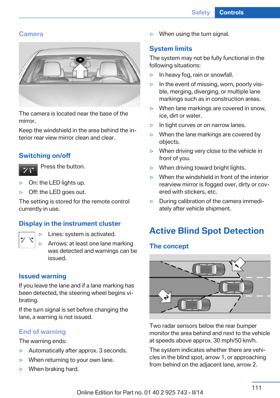 Active blind spot detection, Tion | BMW 335i xDrive Sedan 2014 User Manual | Page 111 / 242