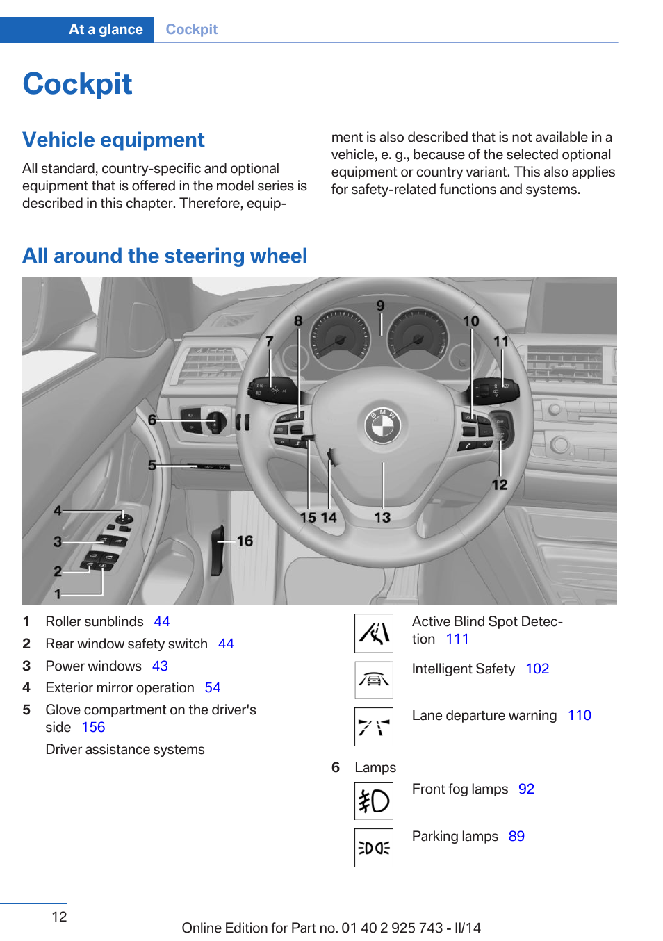 Cockpit, Vehicle equipment, All around the steering wheel | BMW 335i xDrive Sedan 2014 User Manual | Page 12 / 242