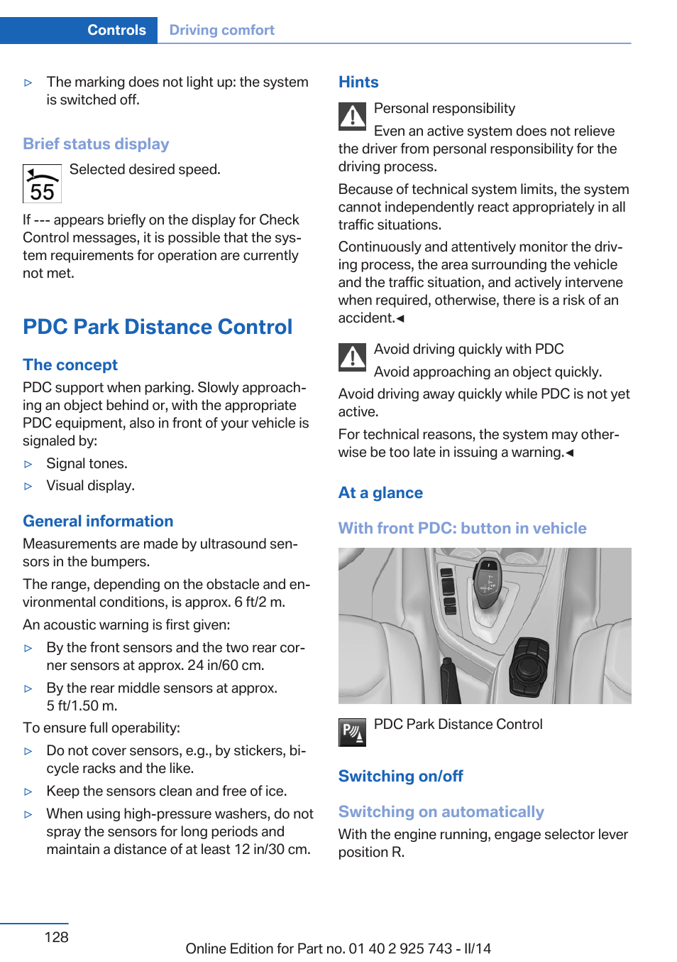 Pdc park distance control | BMW 335i xDrive Sedan 2014 User Manual | Page 128 / 242