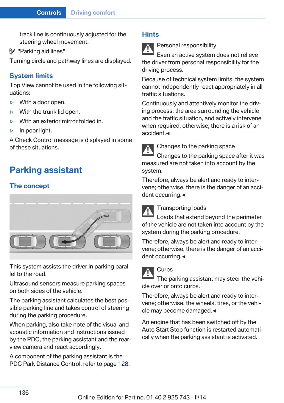 Parking assistant | BMW 335i xDrive Sedan 2014 User Manual | Page 136 / 242