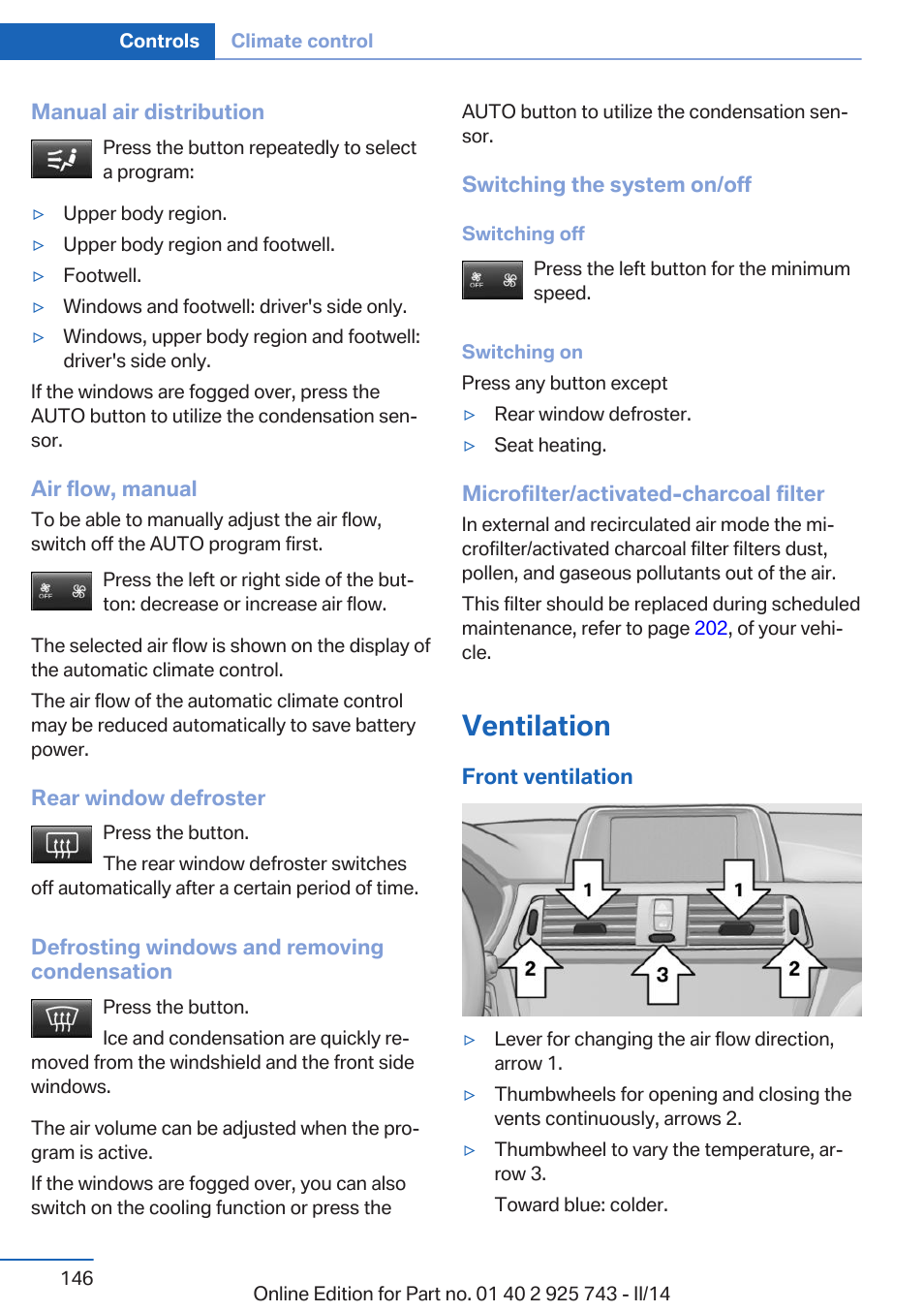 Ventilation | BMW 335i xDrive Sedan 2014 User Manual | Page 146 / 242