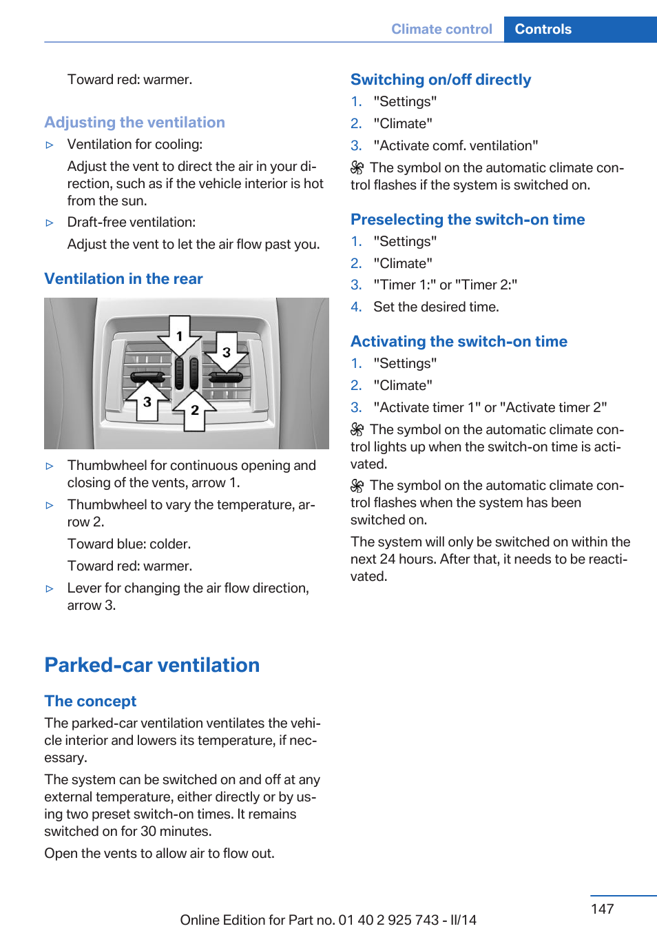 Parked-car ventilation | BMW 335i xDrive Sedan 2014 User Manual | Page 147 / 242