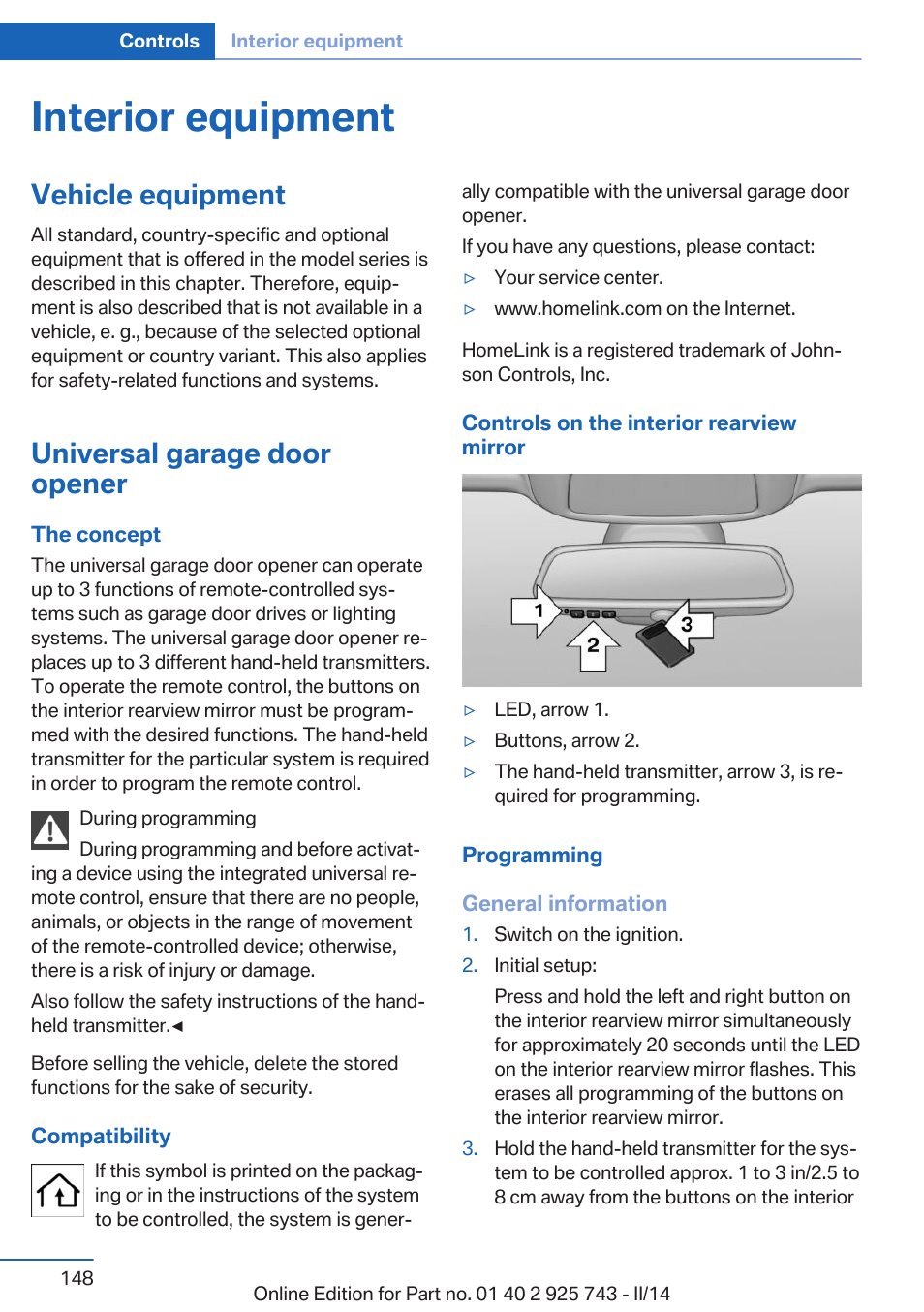 Interior equipment, Vehicle equipment, Universal garage door opener | BMW 335i xDrive Sedan 2014 User Manual | Page 148 / 242