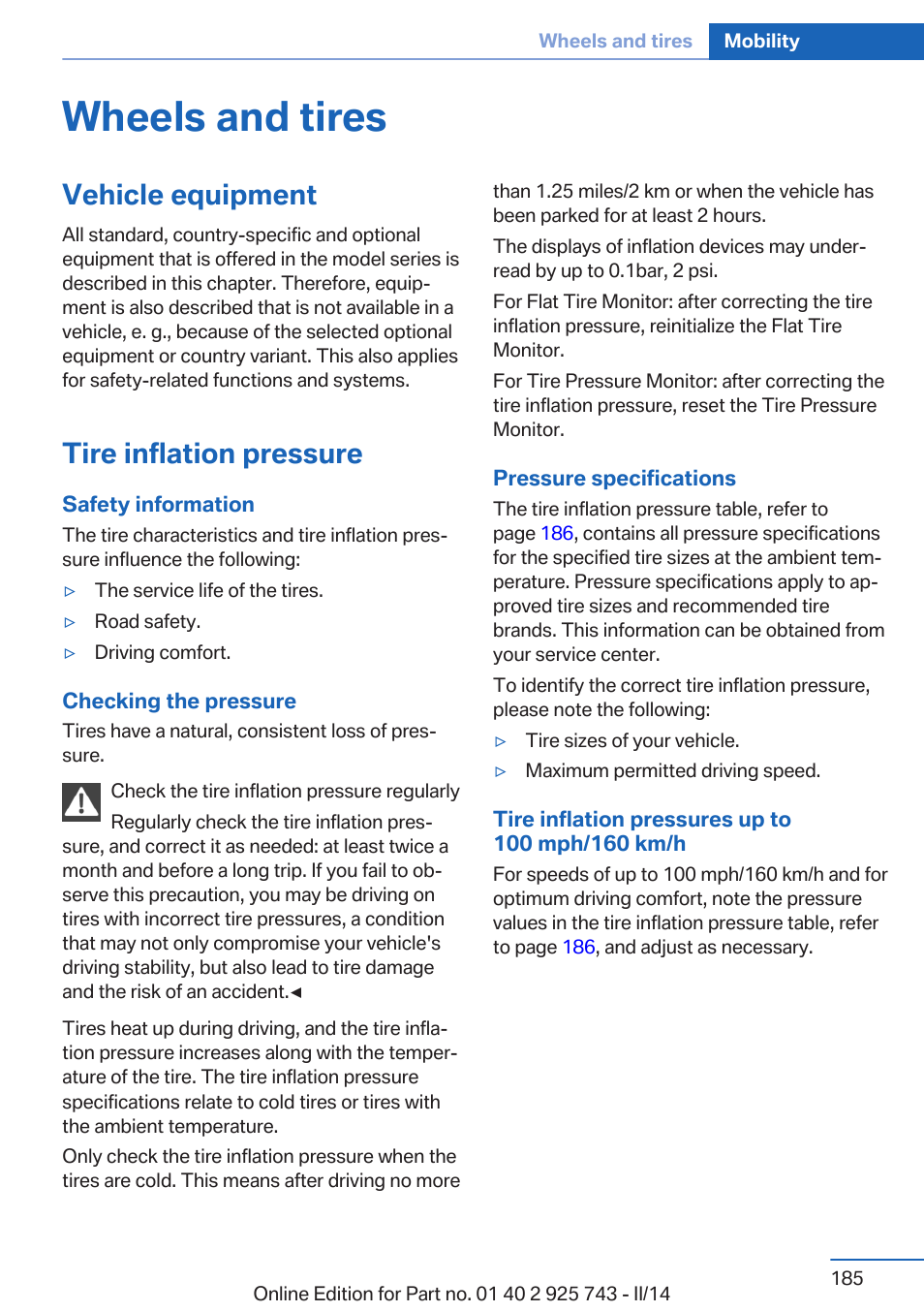 Wheels and tires, Vehicle equipment, Tire inflation pressure | BMW 335i xDrive Sedan 2014 User Manual | Page 185 / 242