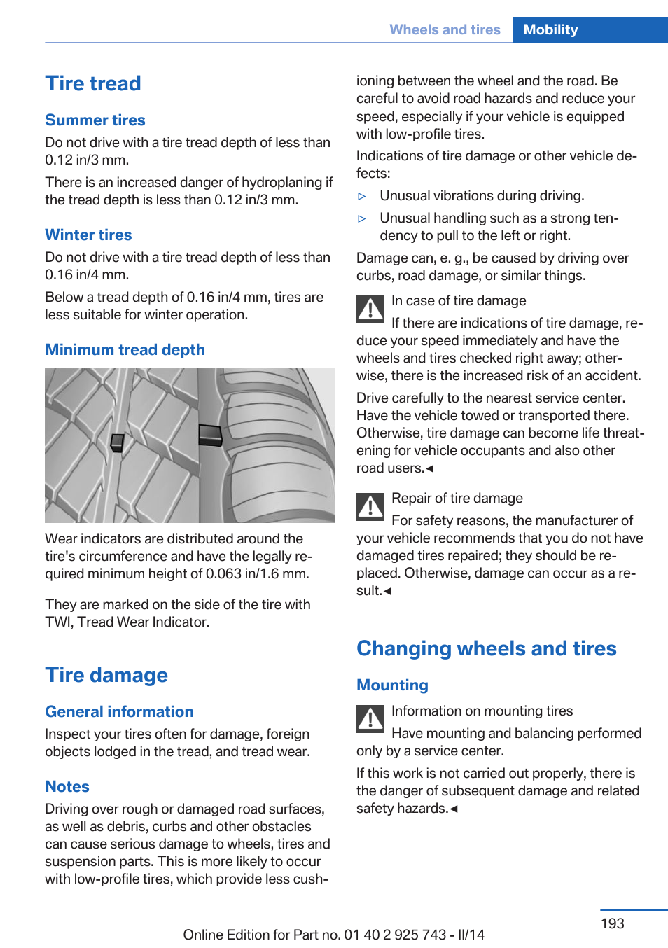 Tire tread, Tire damage, Changing wheels and tires | BMW 335i xDrive Sedan 2014 User Manual | Page 193 / 242