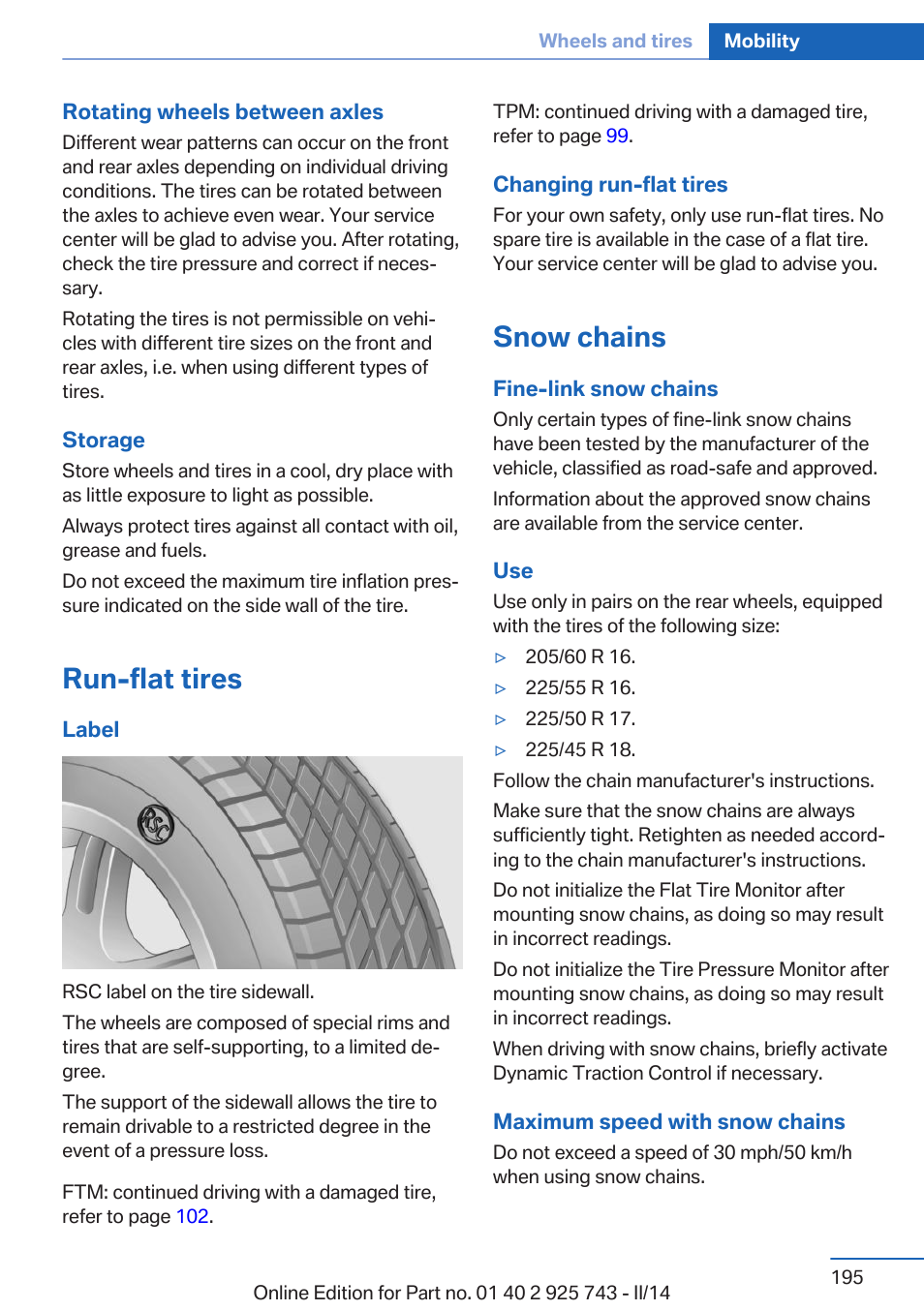 Run-flat tires, Snow chains | BMW 335i xDrive Sedan 2014 User Manual | Page 195 / 242