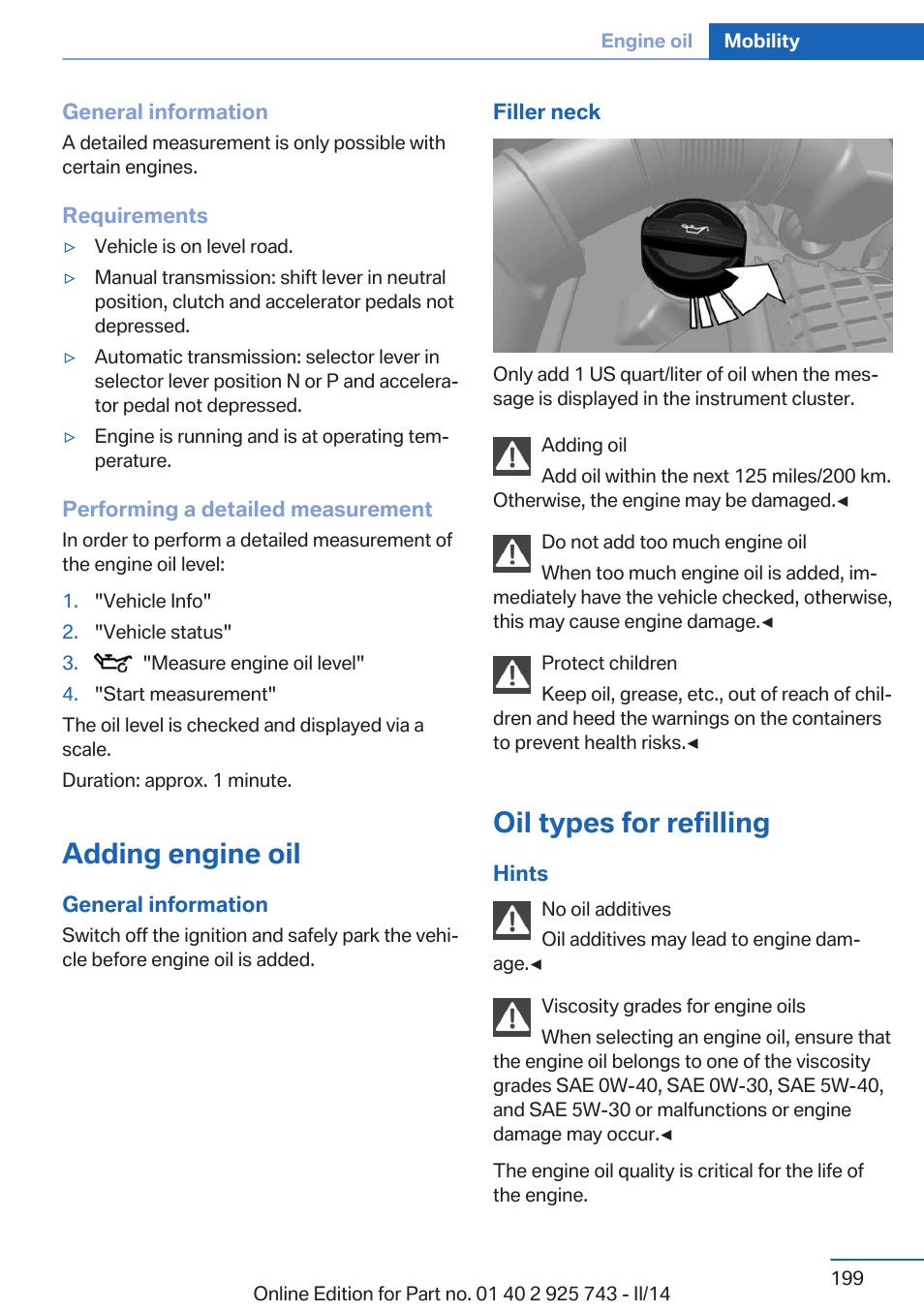 Adding engine oil, Oil types for refilling | BMW 335i xDrive Sedan 2014 User Manual | Page 199 / 242