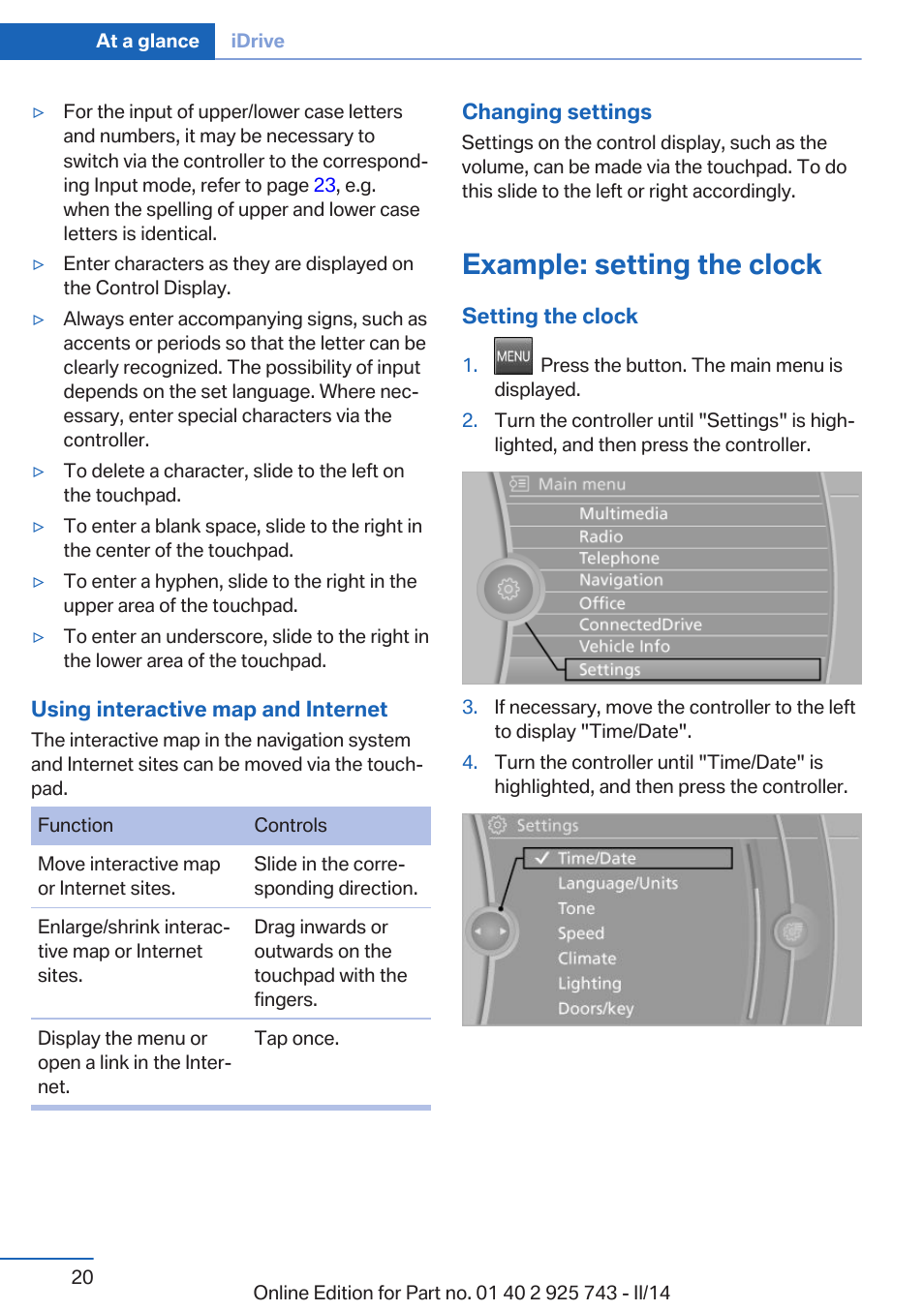 Example: setting the clock | BMW 335i xDrive Sedan 2014 User Manual | Page 20 / 242