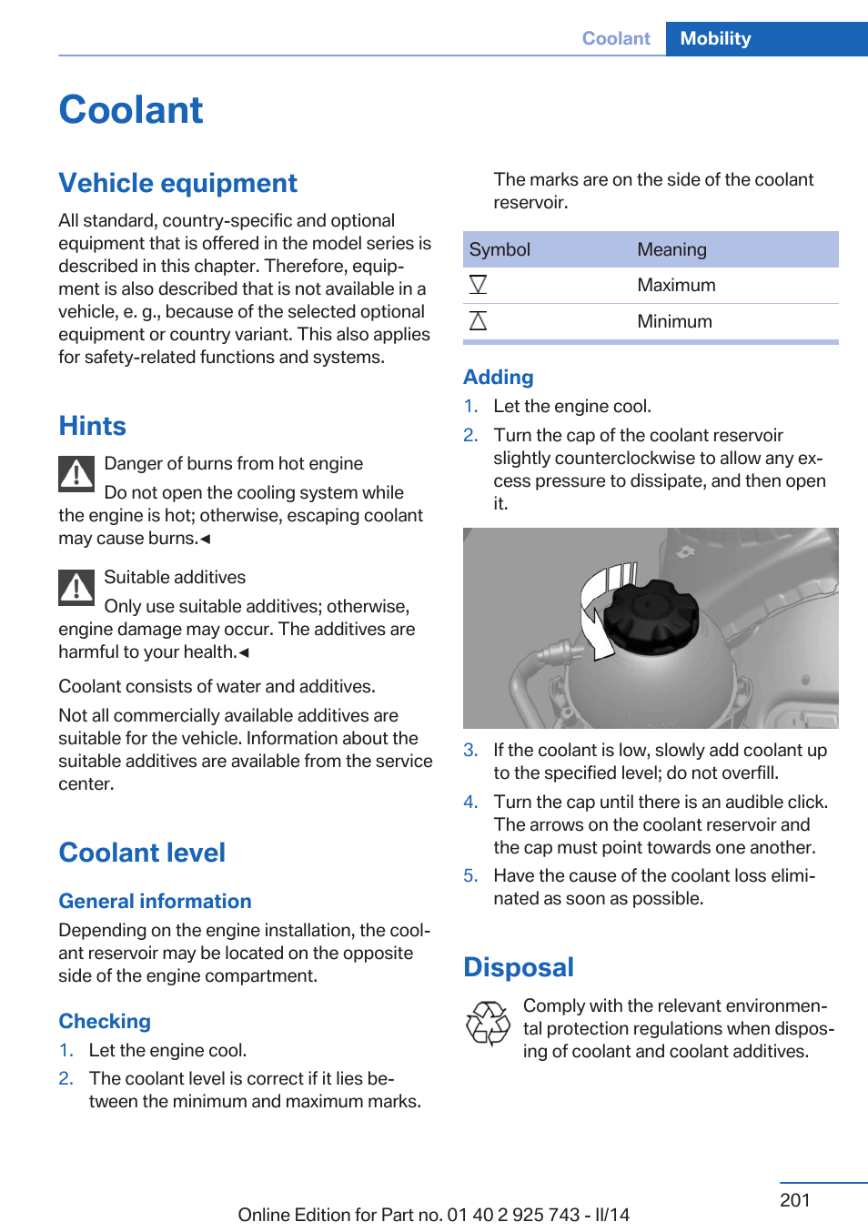 Coolant, Vehicle equipment, Hints | Coolant level, Disposal | BMW 335i xDrive Sedan 2014 User Manual | Page 201 / 242