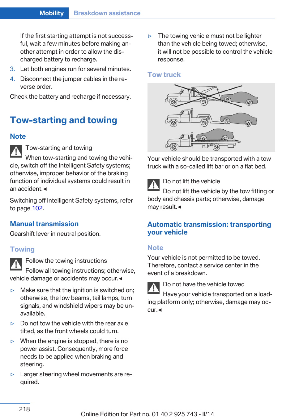 Tow-starting and towing | BMW 335i xDrive Sedan 2014 User Manual | Page 218 / 242