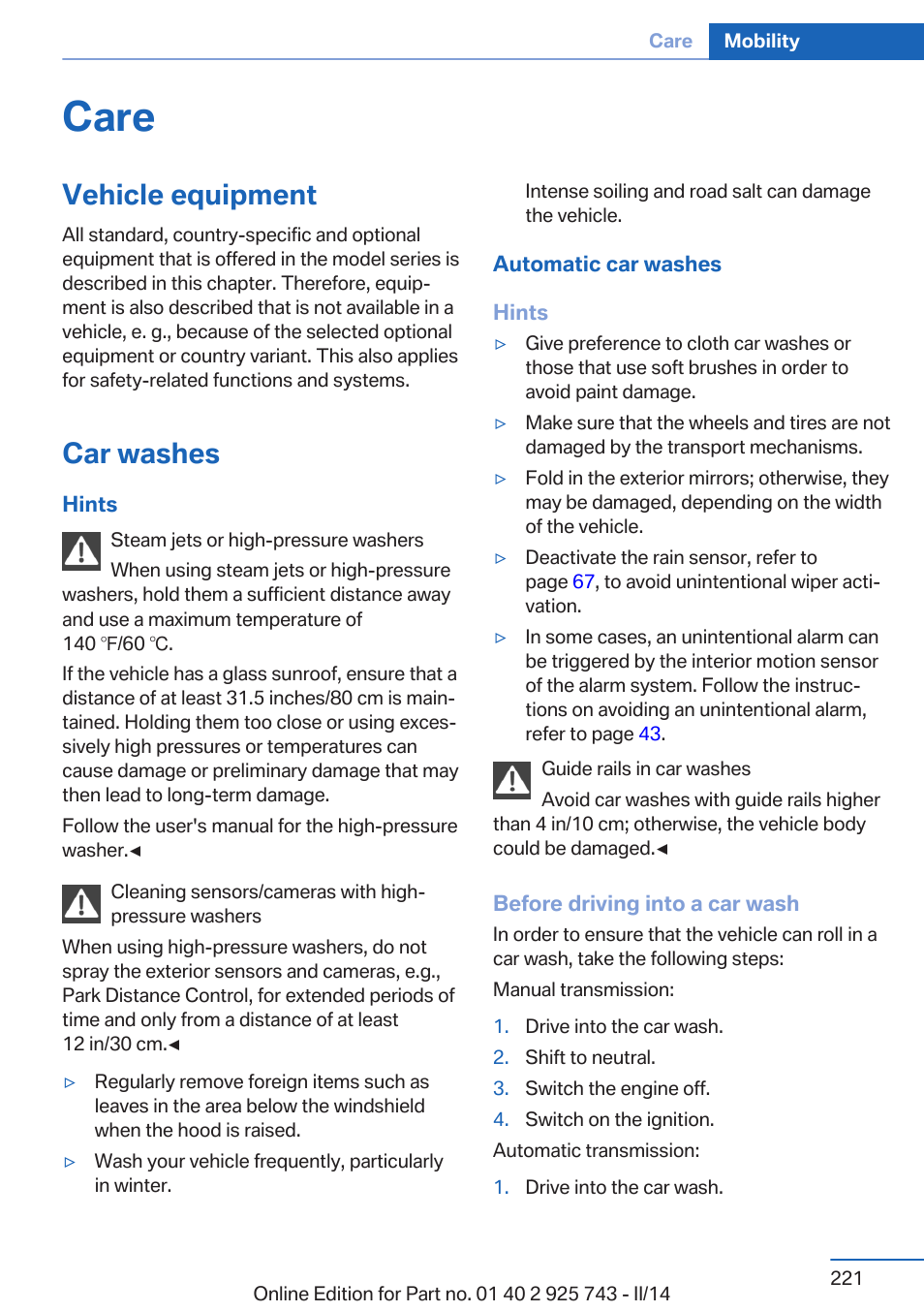 Care, Vehicle equipment, Car washes | BMW 335i xDrive Sedan 2014 User Manual | Page 221 / 242