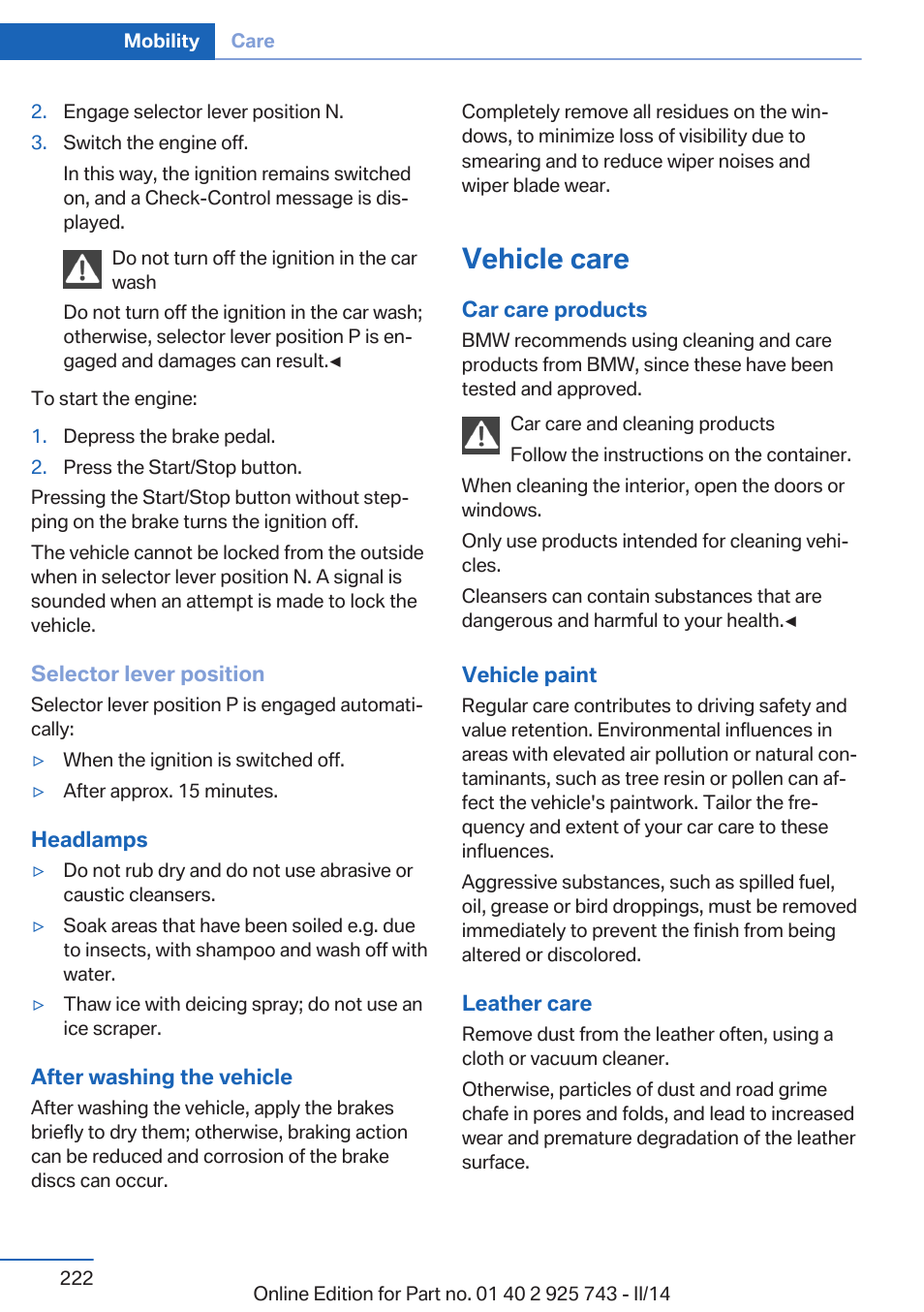 Vehicle care | BMW 335i xDrive Sedan 2014 User Manual | Page 222 / 242