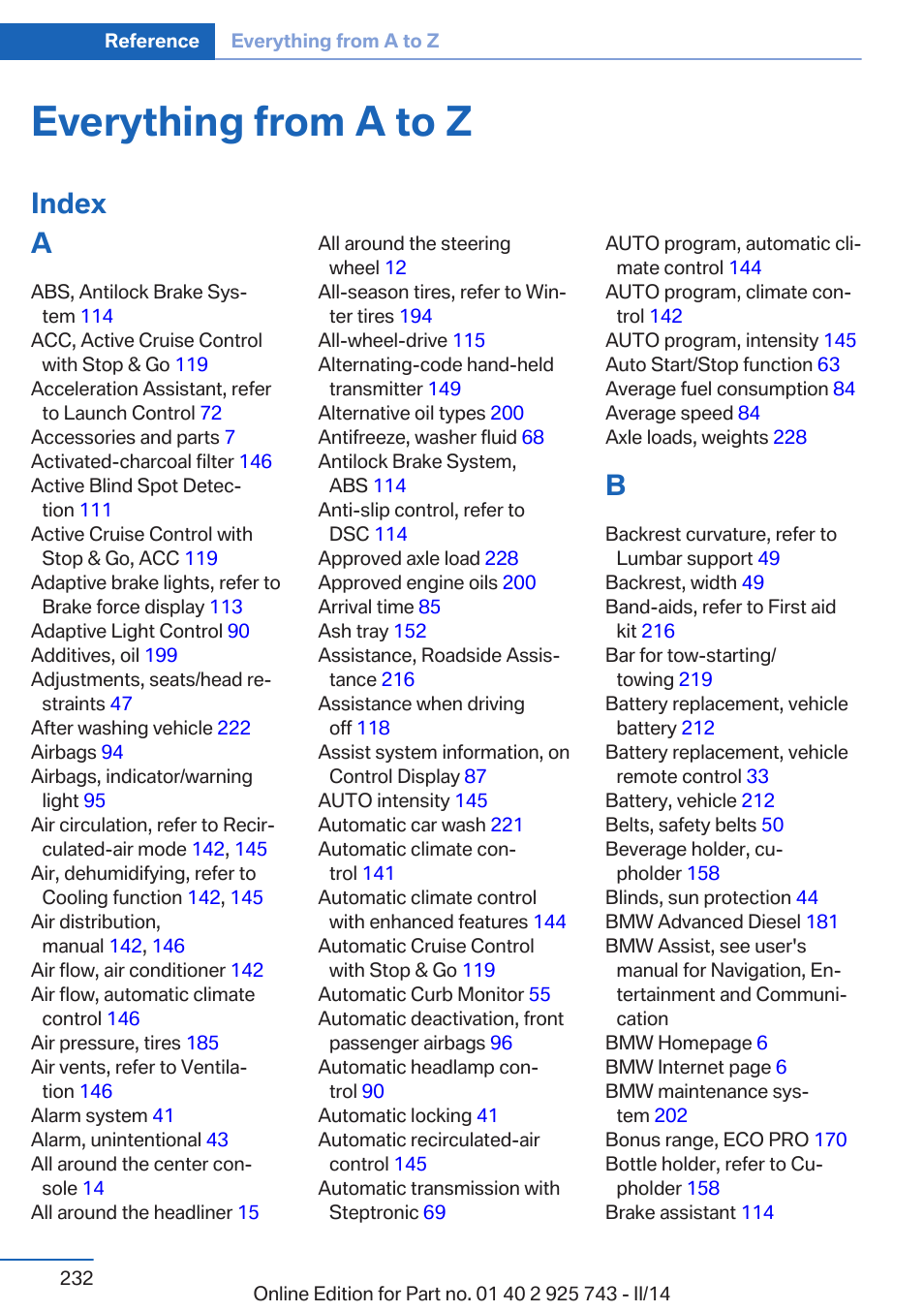 Everything from a to z, Index a | BMW 335i xDrive Sedan 2014 User Manual | Page 232 / 242