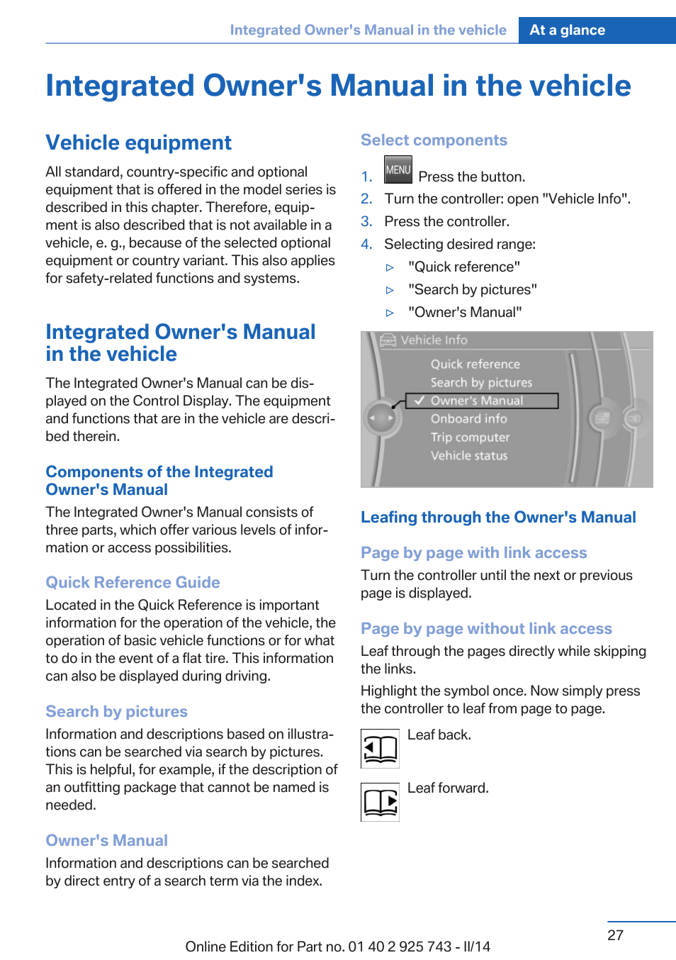 Integrated owner's manual in the vehicle, Vehicle equipment | BMW 335i xDrive Sedan 2014 User Manual | Page 27 / 242