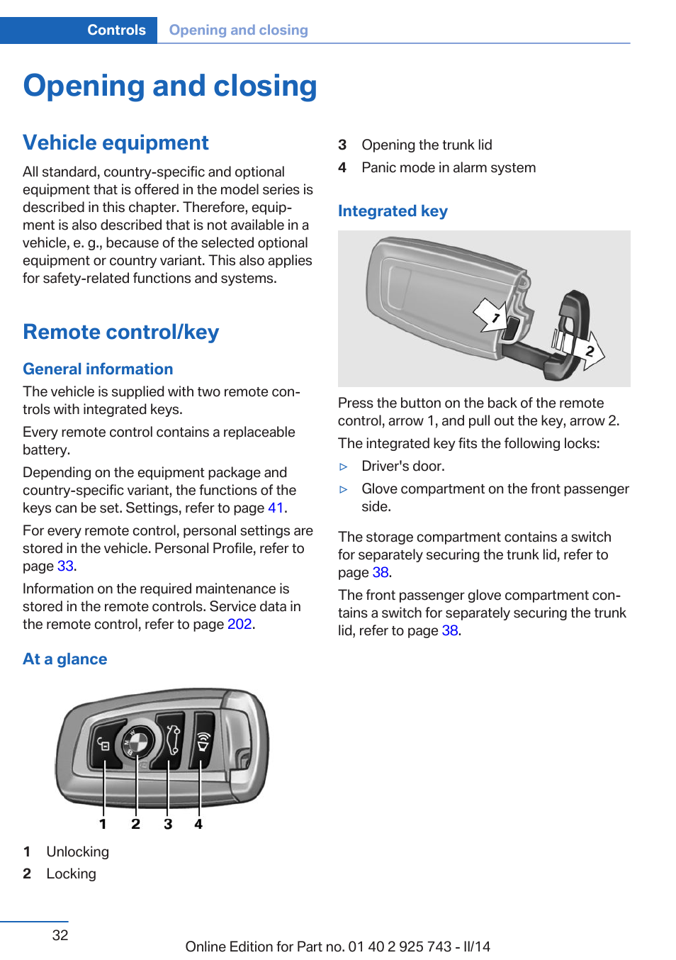 Opening and closing, Vehicle equipment, Remote control/key | BMW 335i xDrive Sedan 2014 User Manual | Page 32 / 242