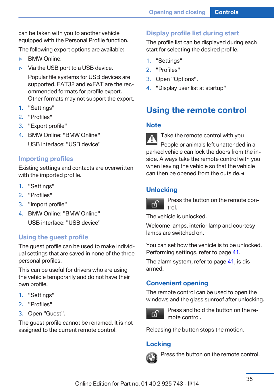 Using the remote control | BMW 335i xDrive Sedan 2014 User Manual | Page 35 / 242