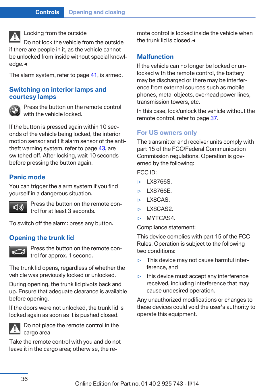 BMW 335i xDrive Sedan 2014 User Manual | Page 36 / 242