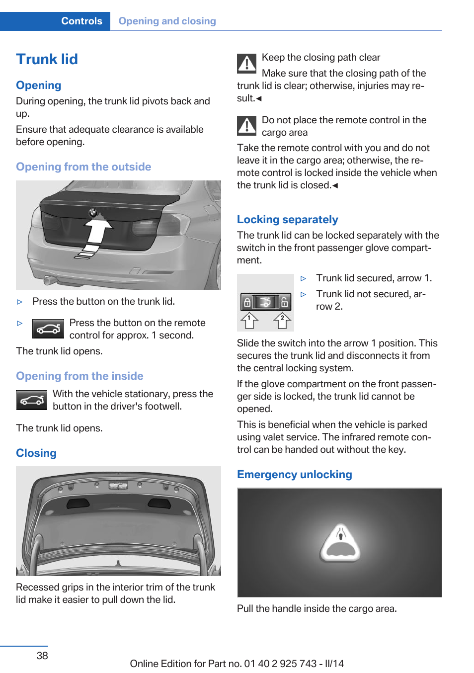 Trunk lid | BMW 335i xDrive Sedan 2014 User Manual | Page 38 / 242