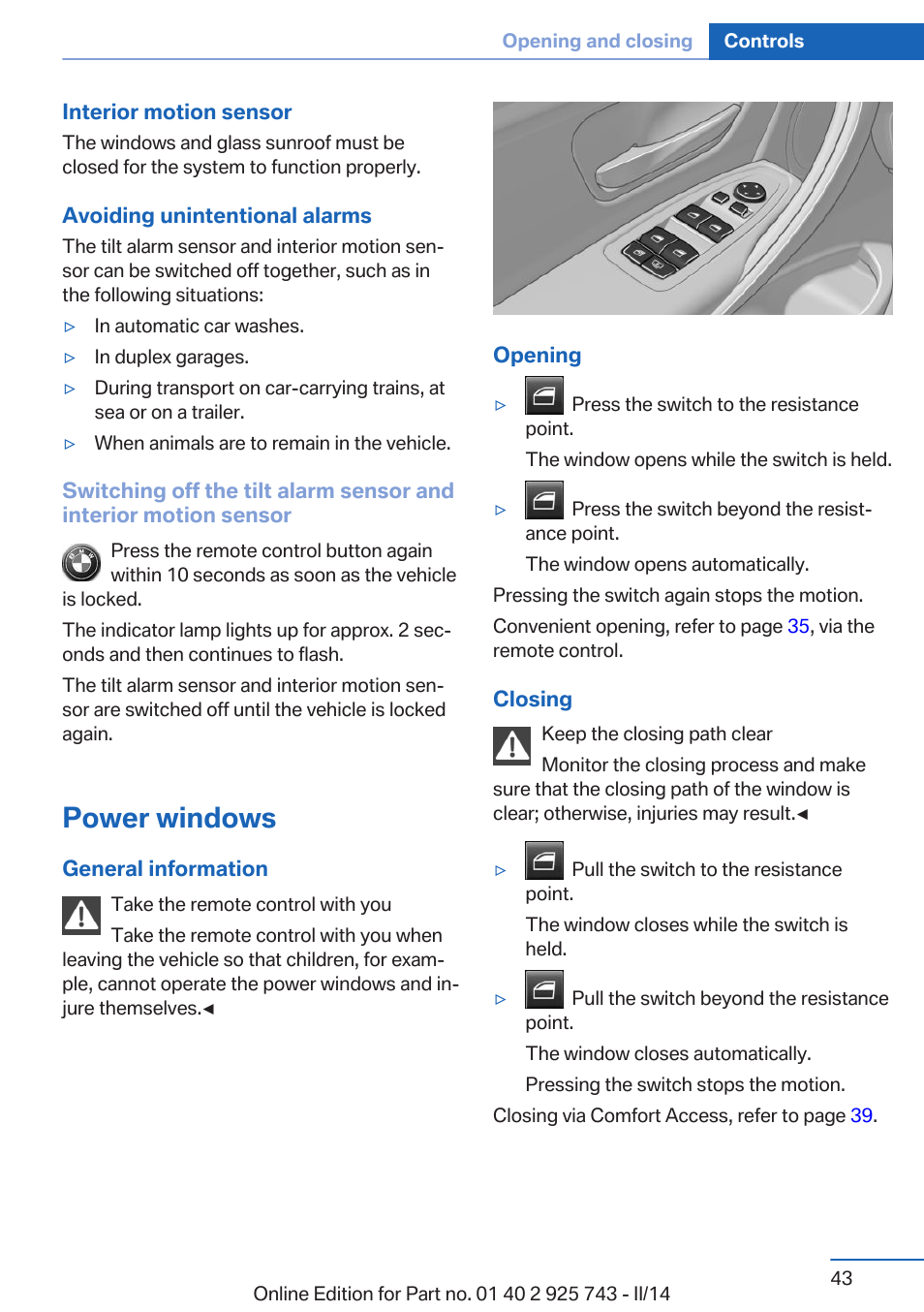 Power windows | BMW 335i xDrive Sedan 2014 User Manual | Page 43 / 242