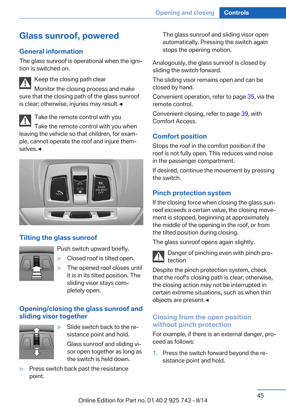 Glass sunroof, powered | BMW 335i xDrive Sedan 2014 User Manual | Page 45 / 242